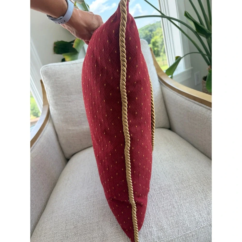 Vintage Needlepoint Floral Throw Pillow Burgundy Red Gold Rope Trim 20x20